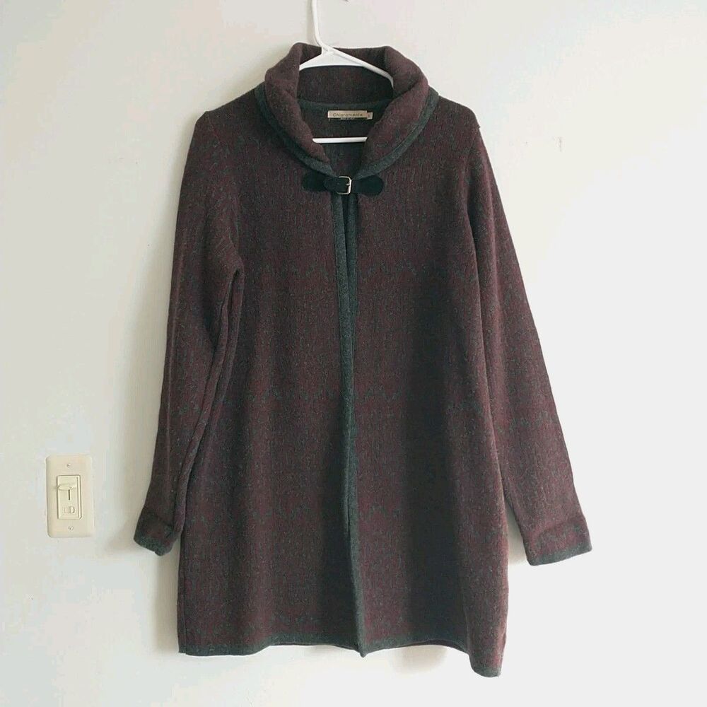 Chiaramente Cardigan Coat Womens L/M*Gray Red Shawl Collar Wool Blend Italy Long